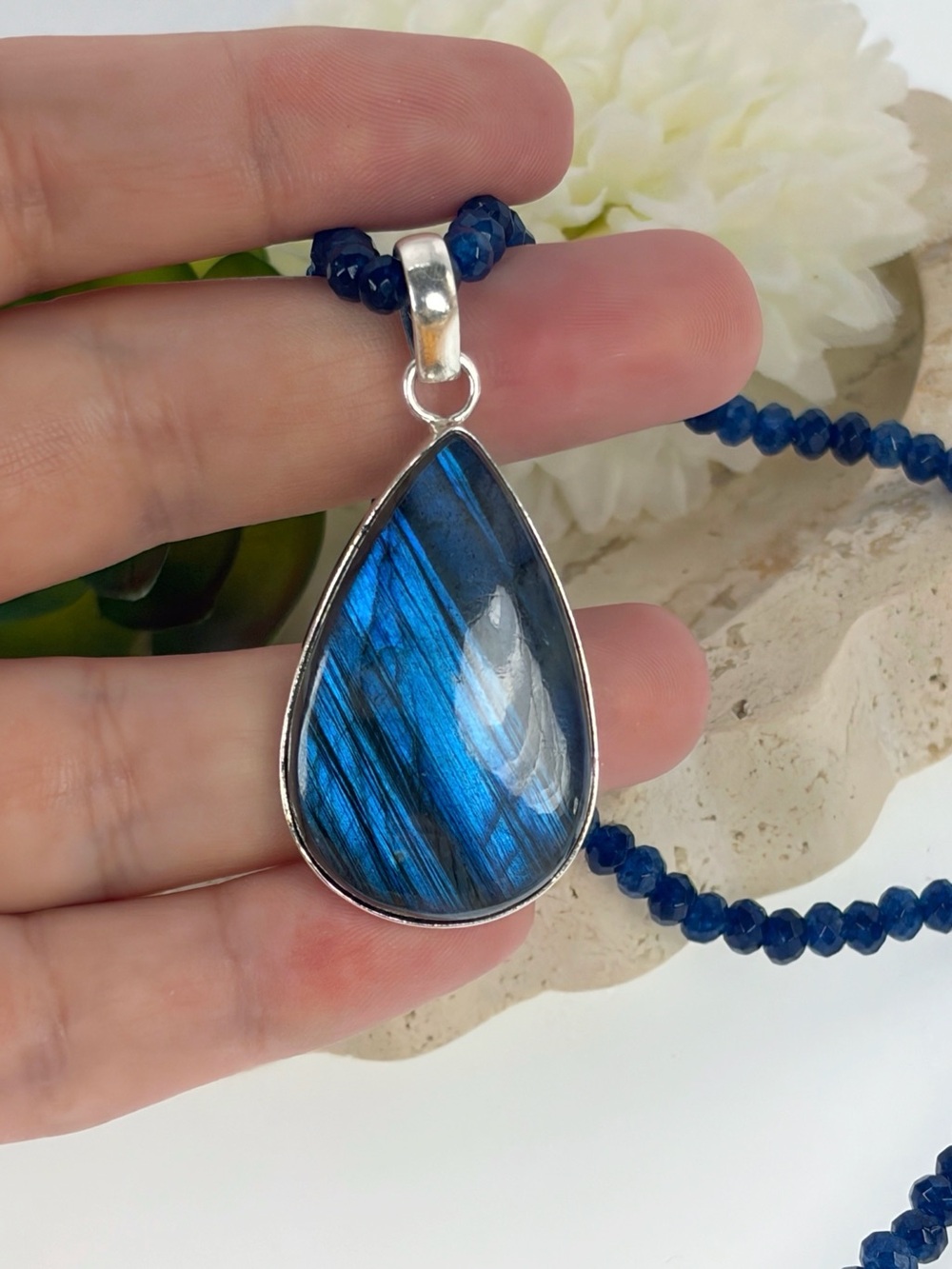 Pure Sterling Silver 925 Chunky Blue Labradorite Pendant Sapphire Necklace New - Picture 3 of 12